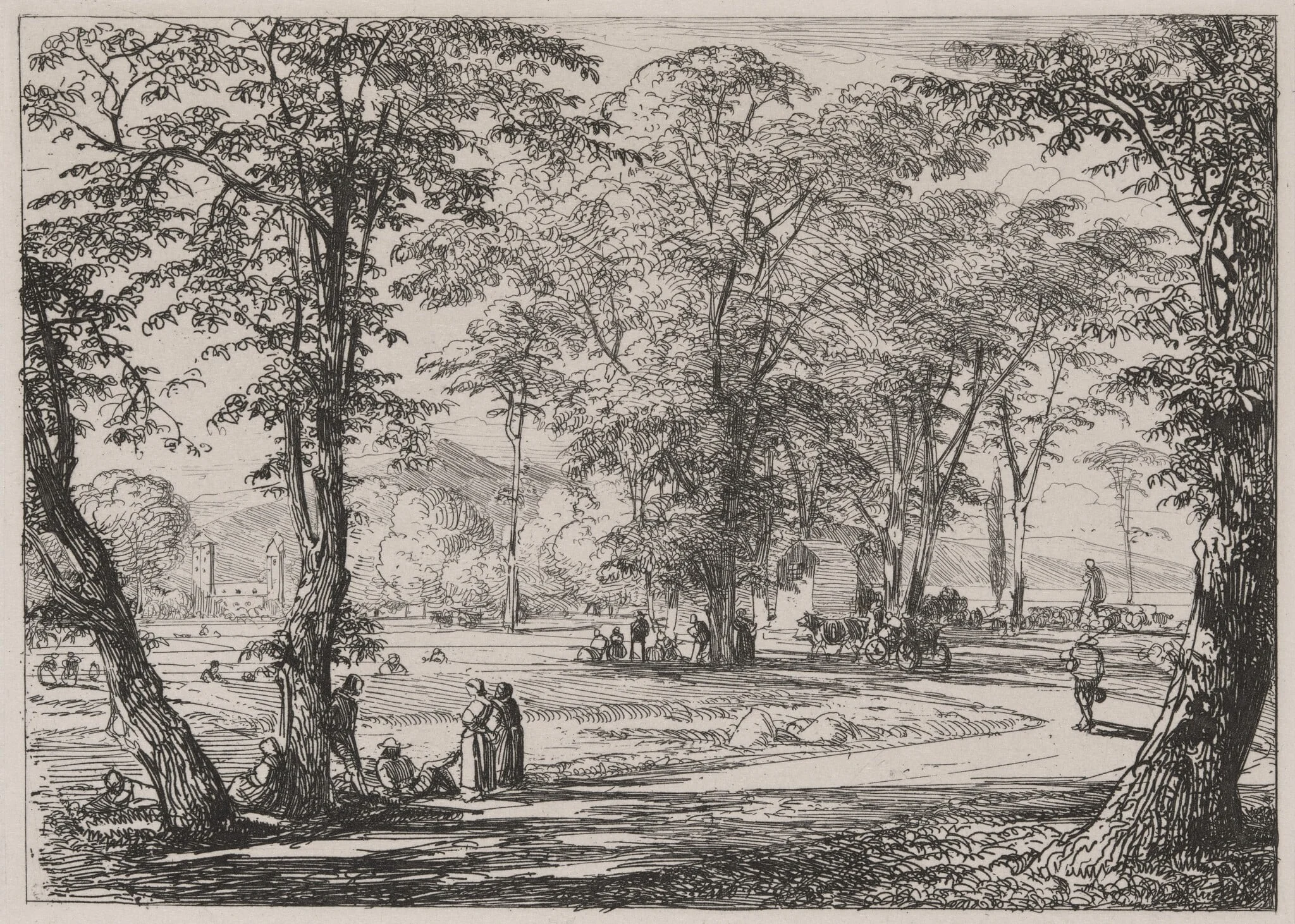 Village Scene with Workers in a Field and at Rest, detail