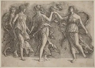 Four Dancing Muses, by Andrea Mantegna, ink, 1497