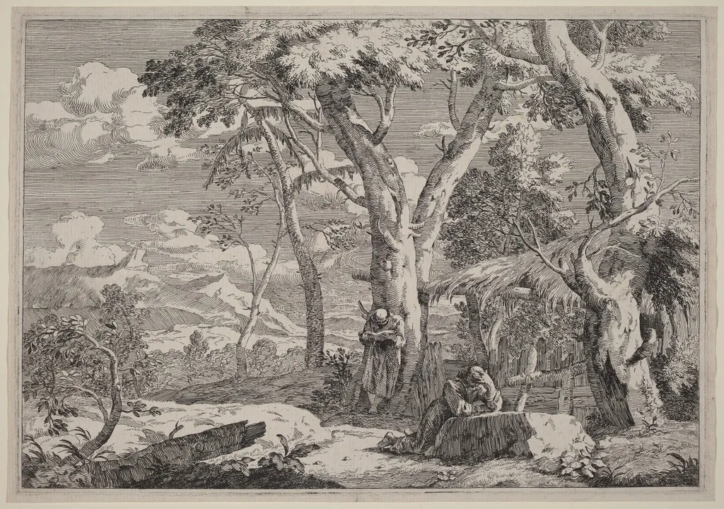 Wilderness Landscape with Two Monks, by Marco Ricci, ink, 1702