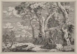 Wilderness Landscape with Two Monks, by Marco Ricci, ink, 1702