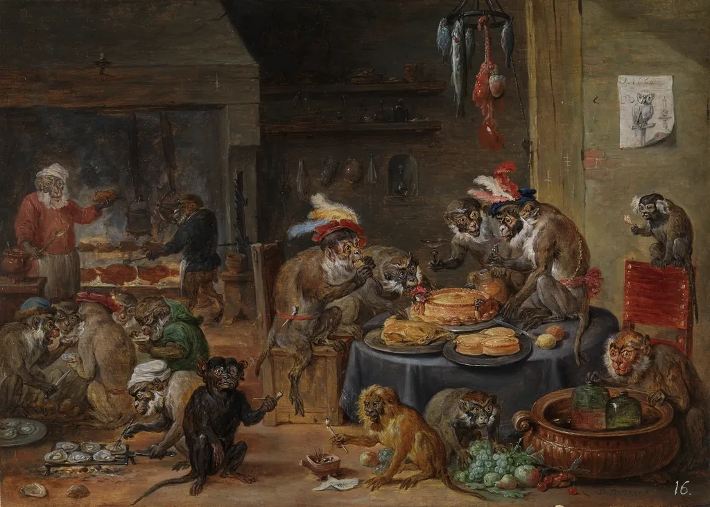 The Monkeys’ Banquet, by David Teniers the Younger, oil, 1660