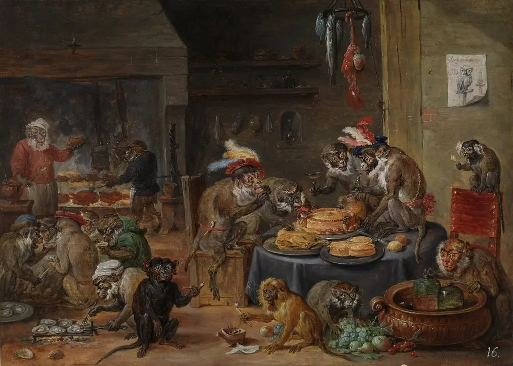 The Monkeys’ Banquet, by David Teniers the Younger, oil, 1660