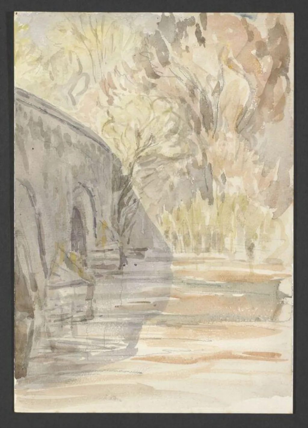 A bridge seen from a riverbank, by Beatrix Potter, watercolor, 1894