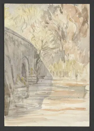 A bridge seen from a riverbank, by Beatrix Potter, watercolor, 1894