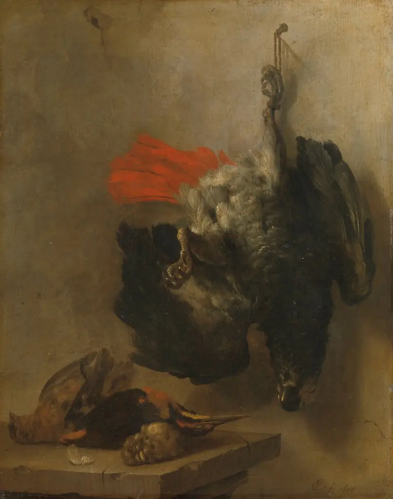 Still life with parrot and snipes, by Cornelis Lelienbergh, oil, 1655