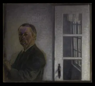Self-Portrait at Spurveskjul, by Vilhelm Hammershøi, oil, 1911