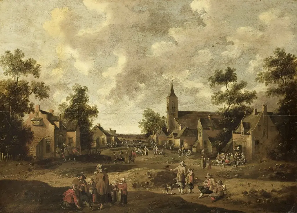 Village street, by Cornelis Droochsloot, oil, 1664