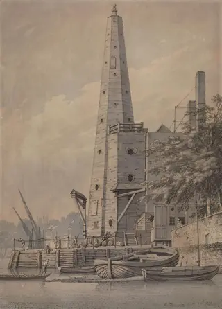 Old water tower at York Buildings, Whitehall, by Farington, 1791