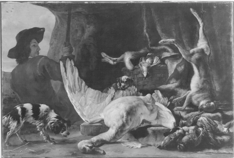 Jagdbeutestillleben mit Jäger und zwei Hunden, detail