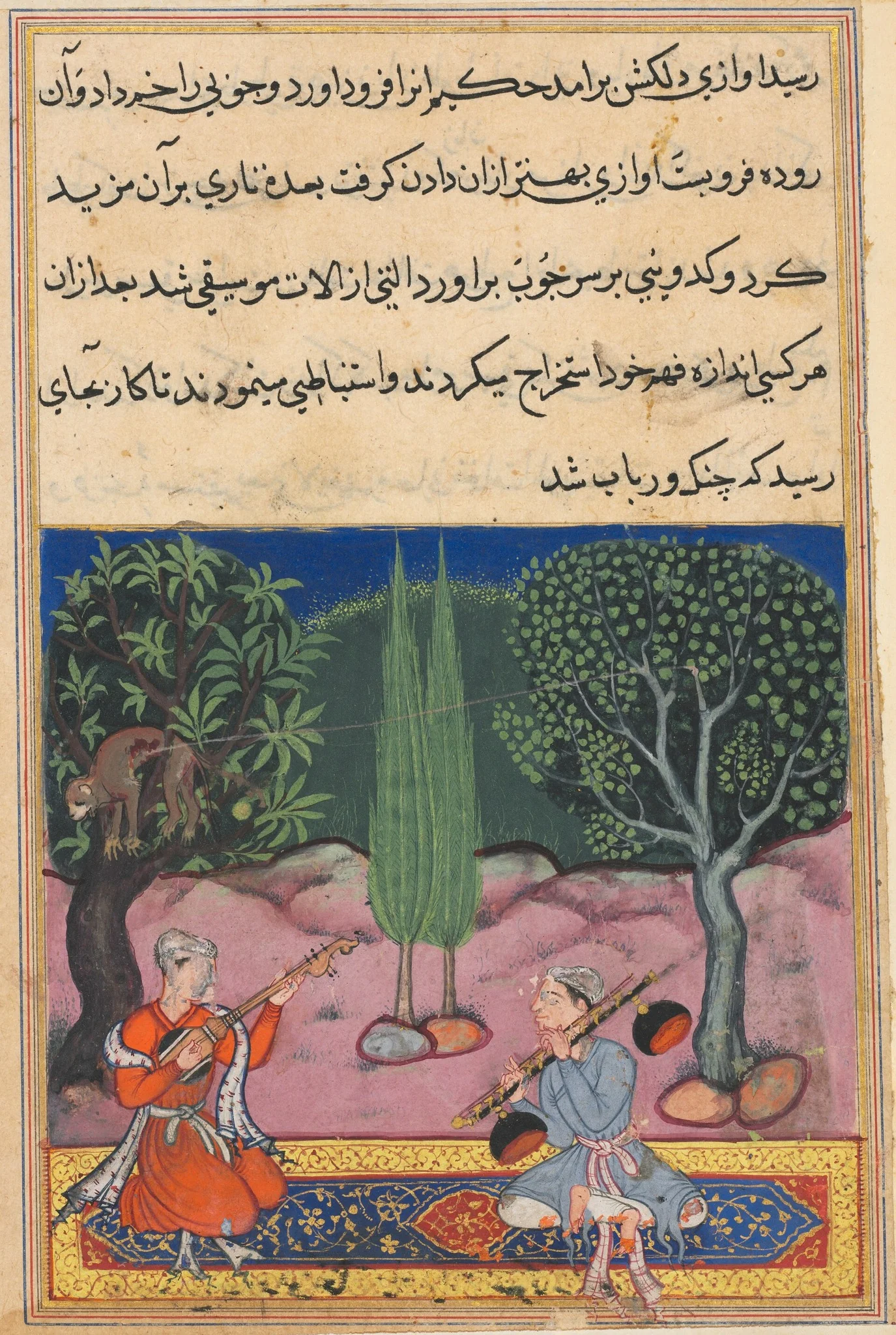 The invention of musical instruments from the intestines of a monkey, from a Tuti-nama (Tales of a Parrot): Fourteenth Night, detail