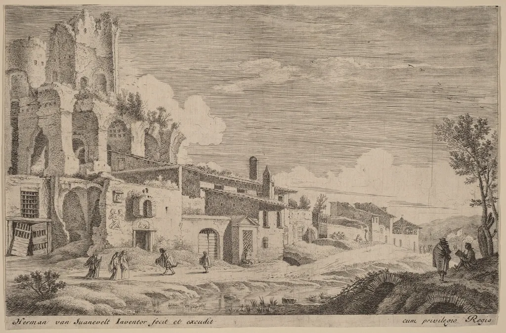 Landscape with an Artist Sketching, by Herman van Swanevelt, ink, 1628