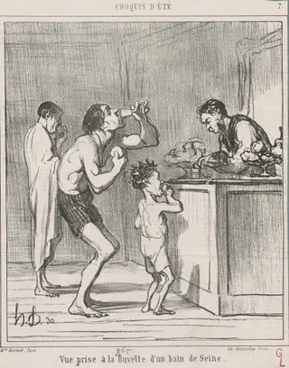 Vue prise a la buvette d'un bain, by Honoré Daumier, ink, 1865