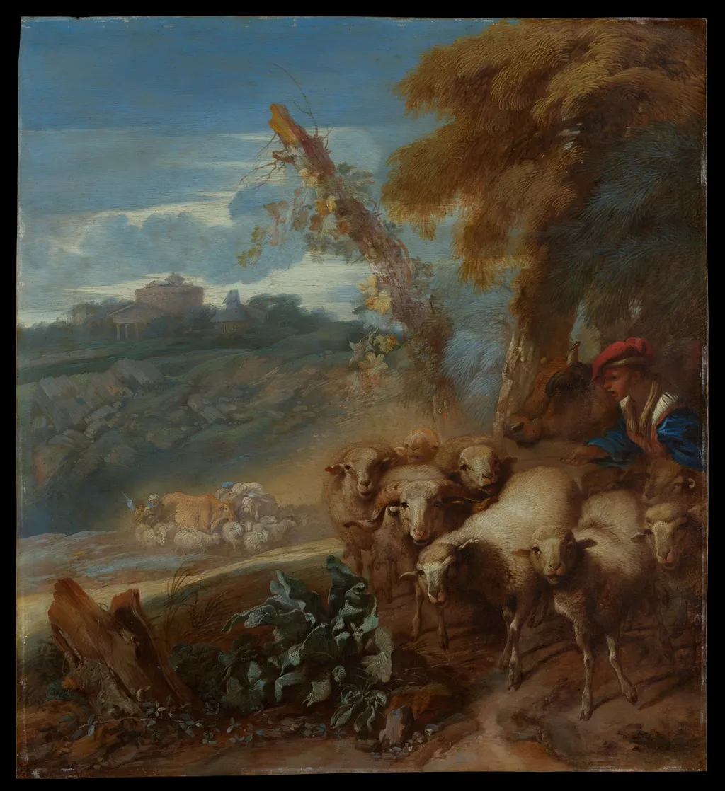 Roman Landscape with a Shepherd and Sheep, by Giovanni Benedetto Castiglione, oil, 1648