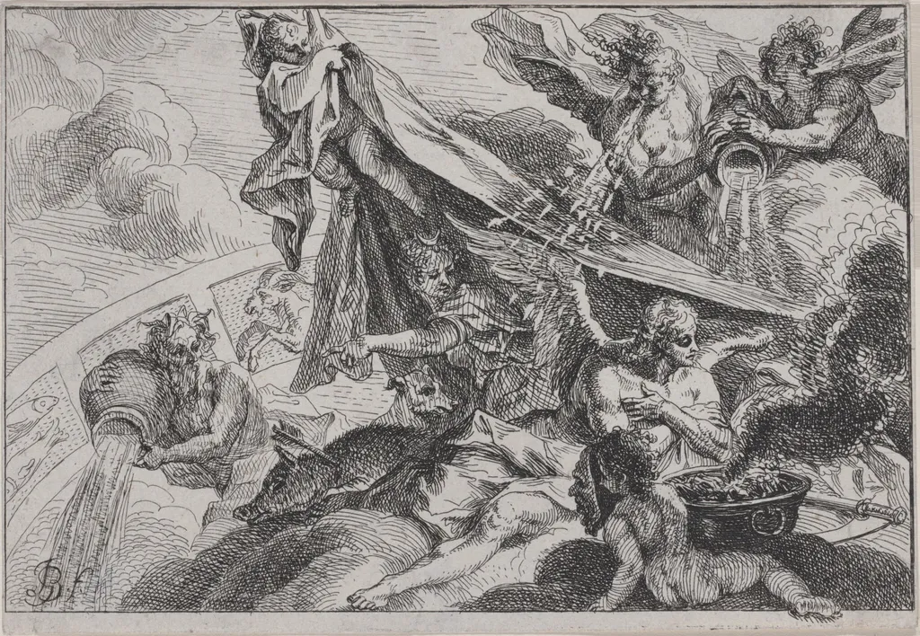 Allegory of Winter with Diana the Huntress, by Johann Georg Bergmüller, ink, 1750