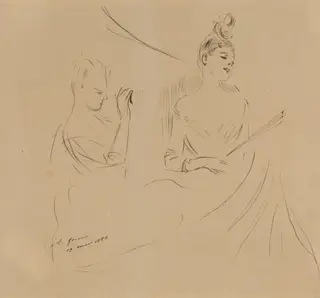 Two Ladies in a Loge, by Jean-Louis Forain, ink, 1886