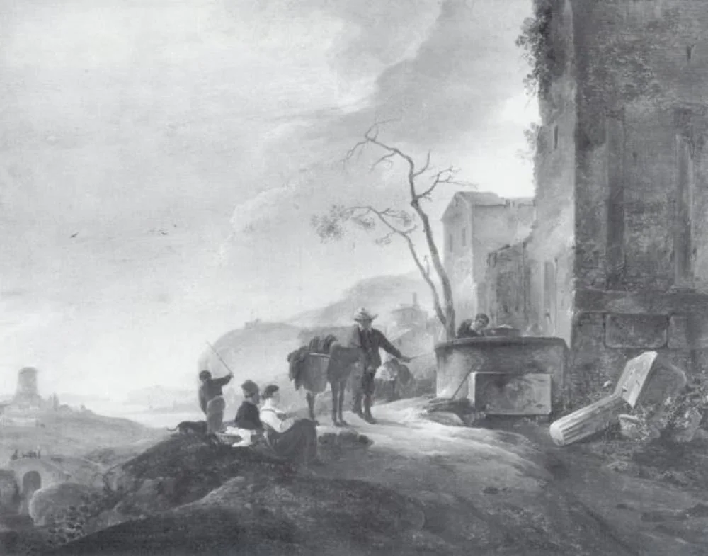 Italian Landscape with Figures at a Fountain among Antique Ruins, detail