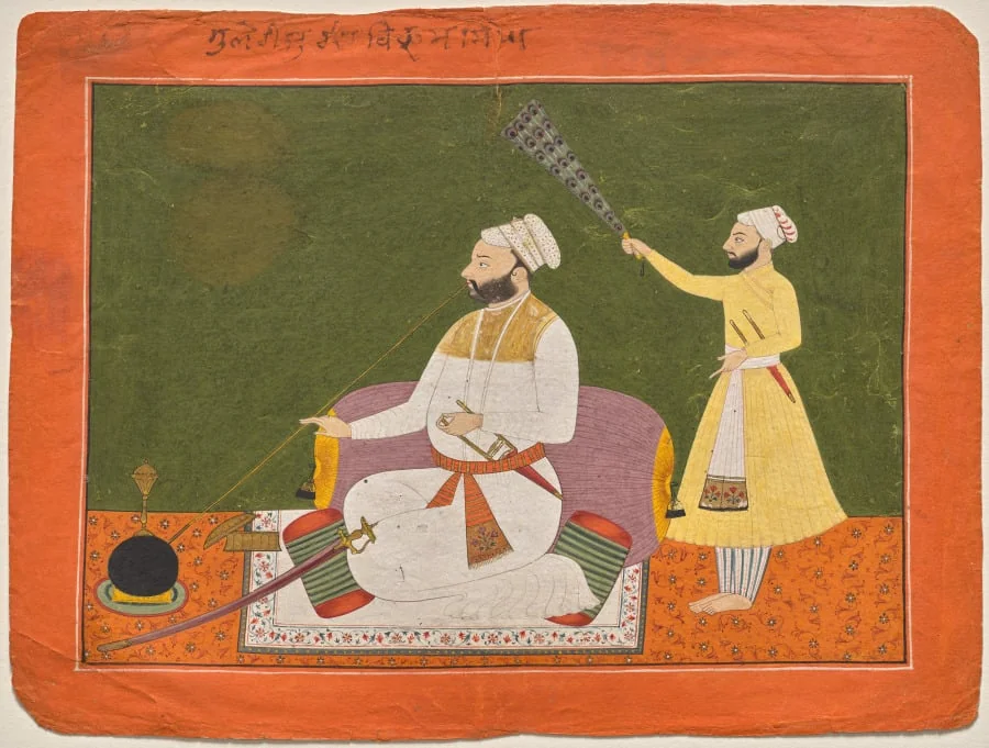 Raja Bikram Singh of Guler smoking a hookah, detail