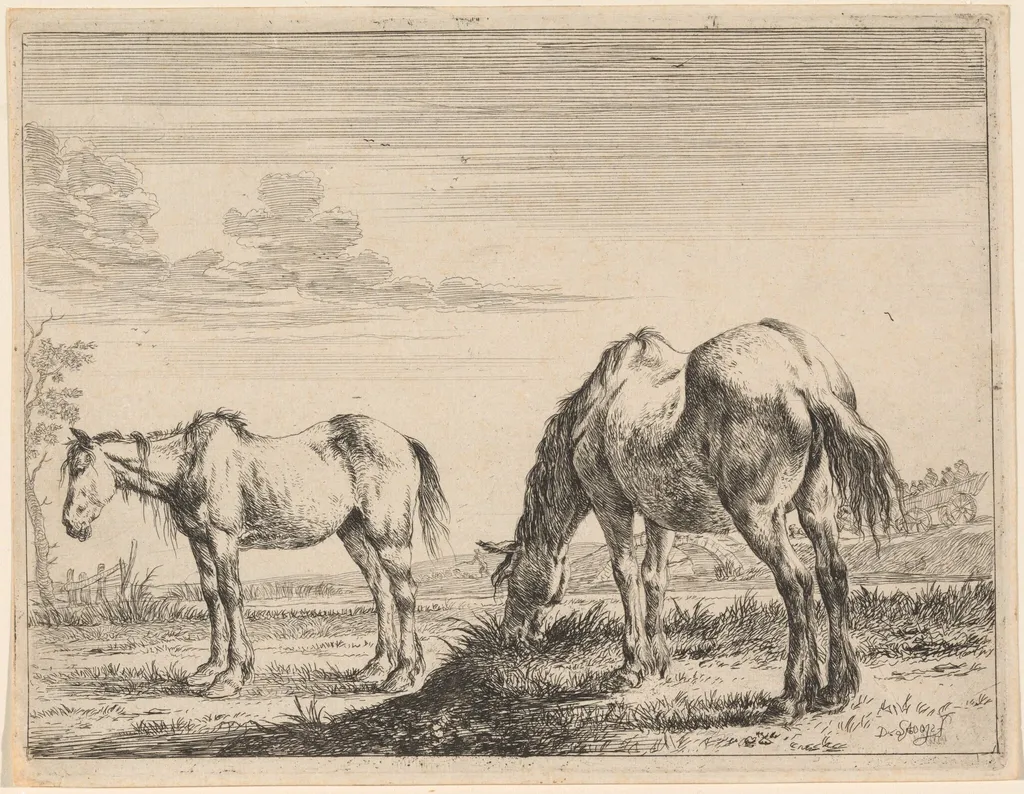 Two Grazing Horses, by Dirck Stoop, ink, 1651