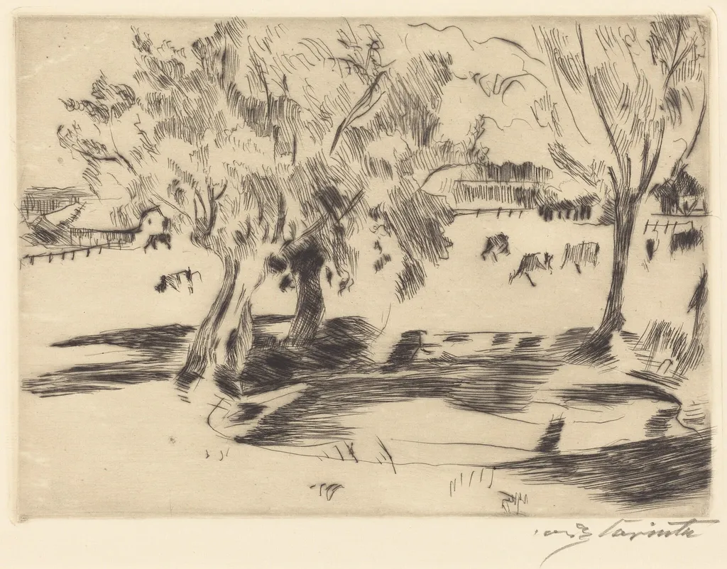 Landschaft mit Kühen (Landscape with Cows), by Lovis Corinth, ink, 1917