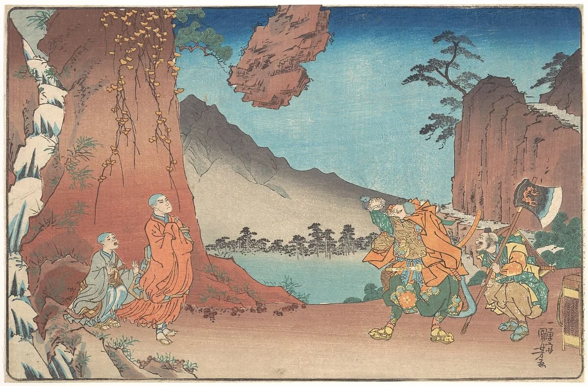歌川国芳画 「高祖御一代略図 小室山法論石」|Concise Illustrated Biography of Monk Nichiren: Rock Suspended by the Power of Prayer on Komuro Mountain, detail