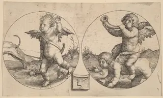 Two Cupids in Two Circles, by Lucas van Leyden, ink, 1517