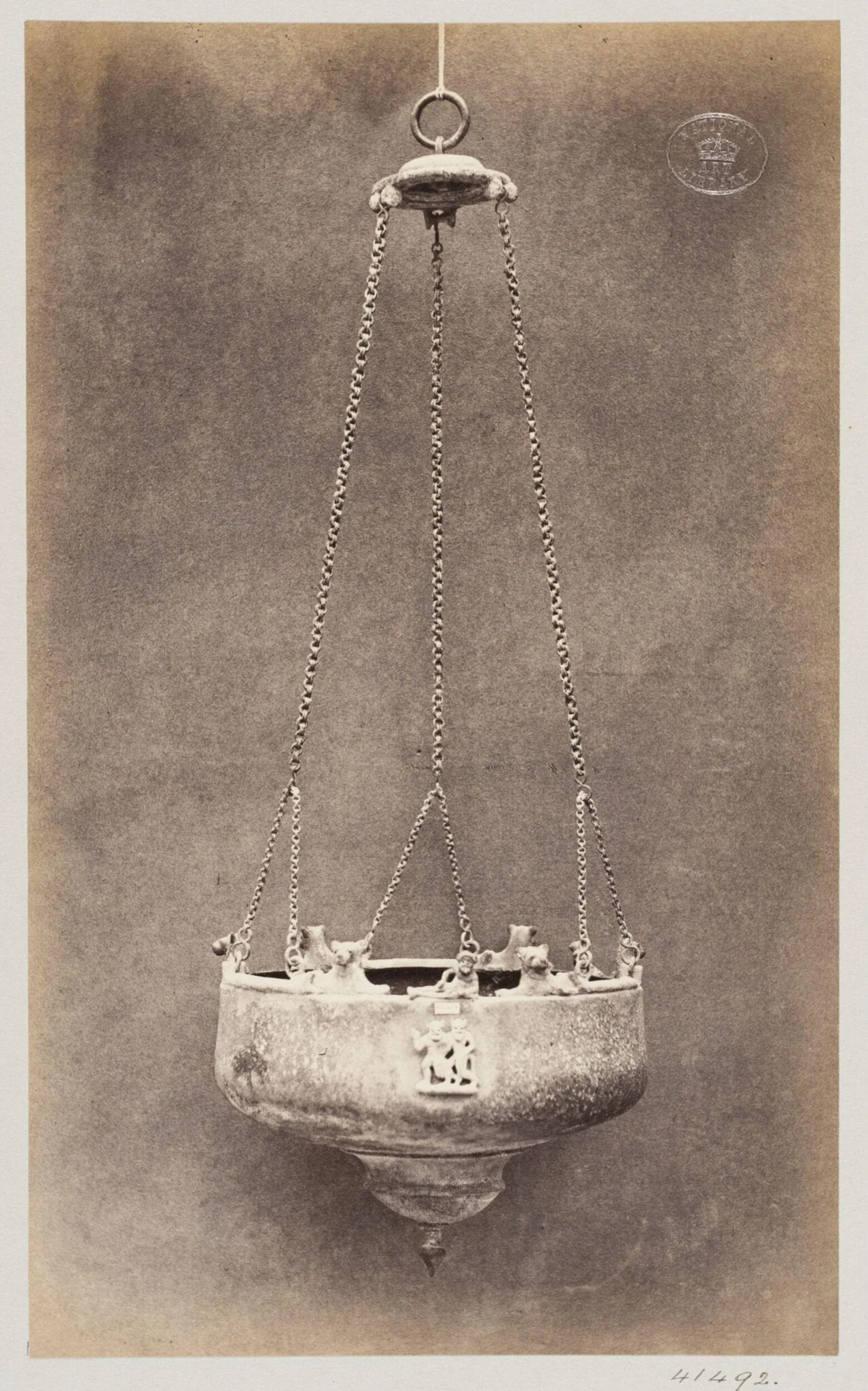 Etruscan Bronze Lamp suspended by chains, detail