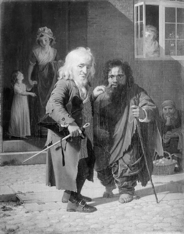 Two Dwarfs: Obligeert, a Jewish pigtail-ribbon Vendor, beside the Roman Dwarf Bajocco in one of the Streets of Copenhagen, detail