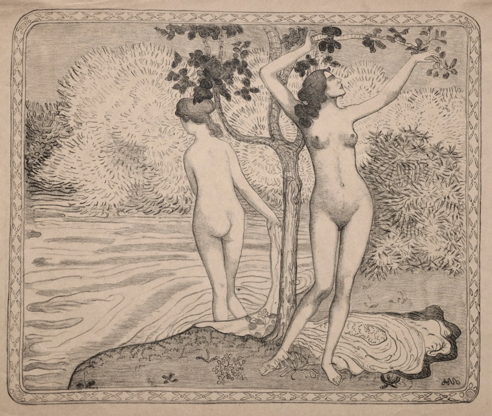 Two Bathers under a Tree at the Water's Edge, detail