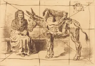 Cacoletière Assise (Seated Woman and Ass), by Félix-Hilaire Buhot, ink, 1875
