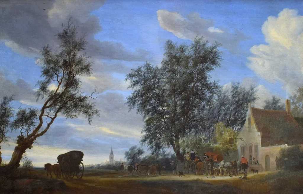Travellers before an Inn with the View of Beverwijck, by Salomon van Ruysdael, oil, 1649
