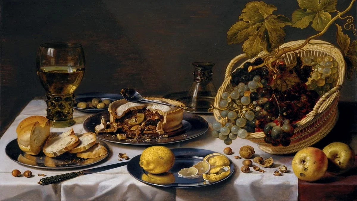 Tabletop Still Life with Mince Pie and Basket of Grapes, detail
