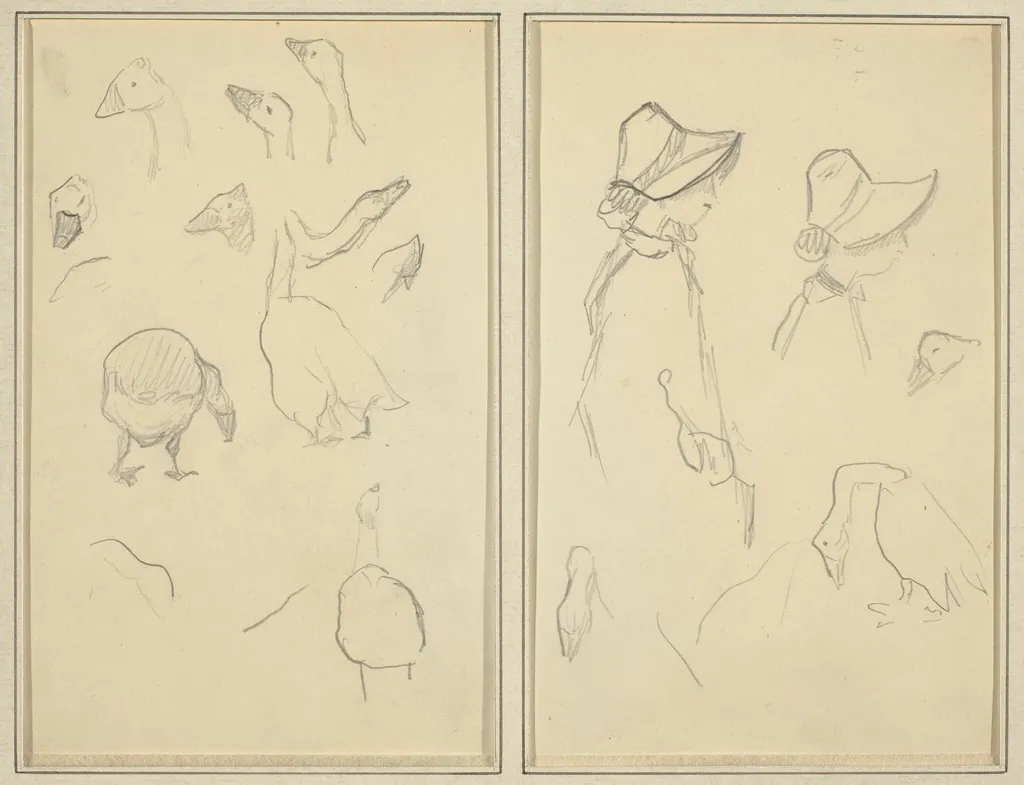 Geese; Girls in Bonnets, Geese [recto], by Paul Gauguin, graphite, 1886