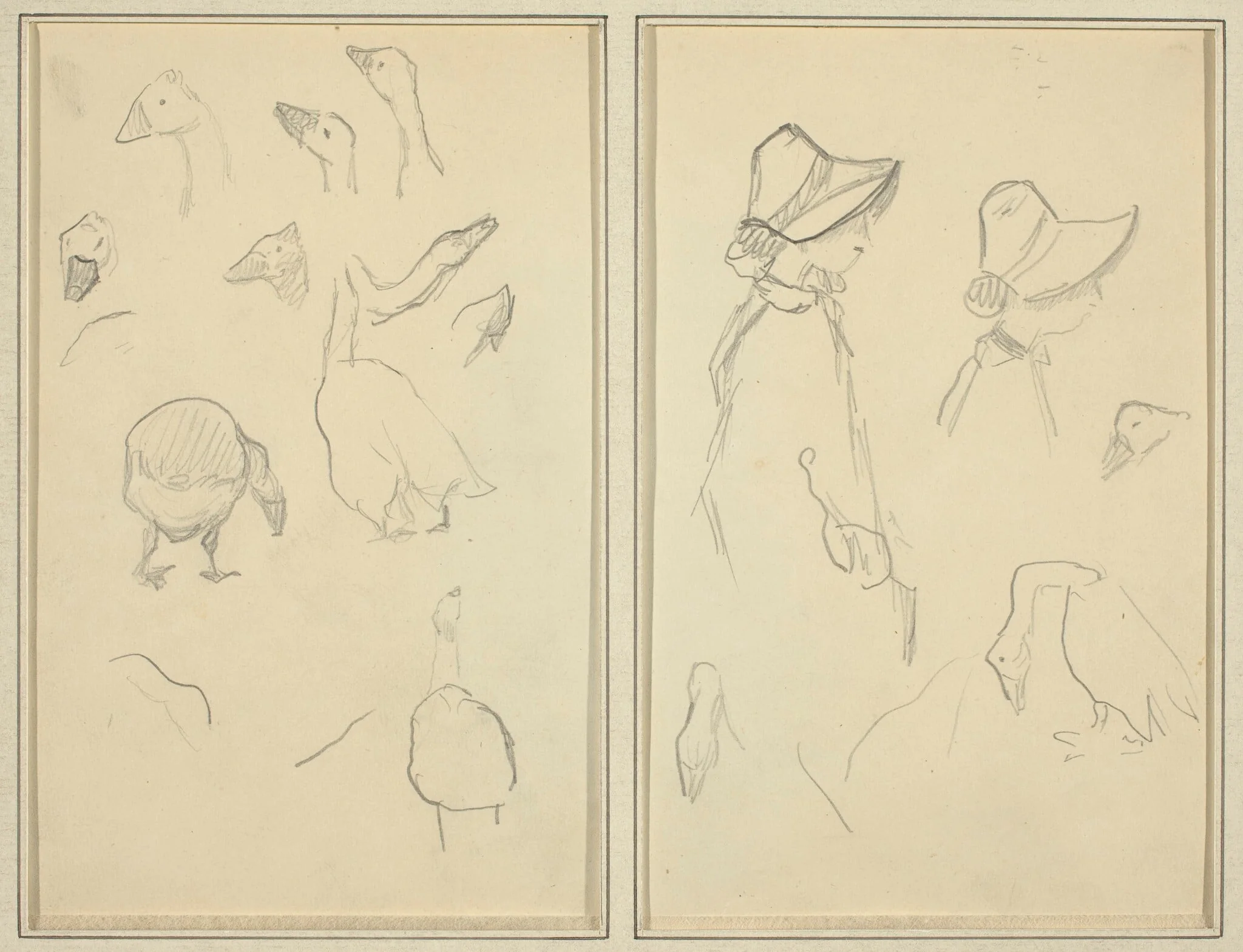 Geese; Girls in Bonnets, Geese [recto], detail