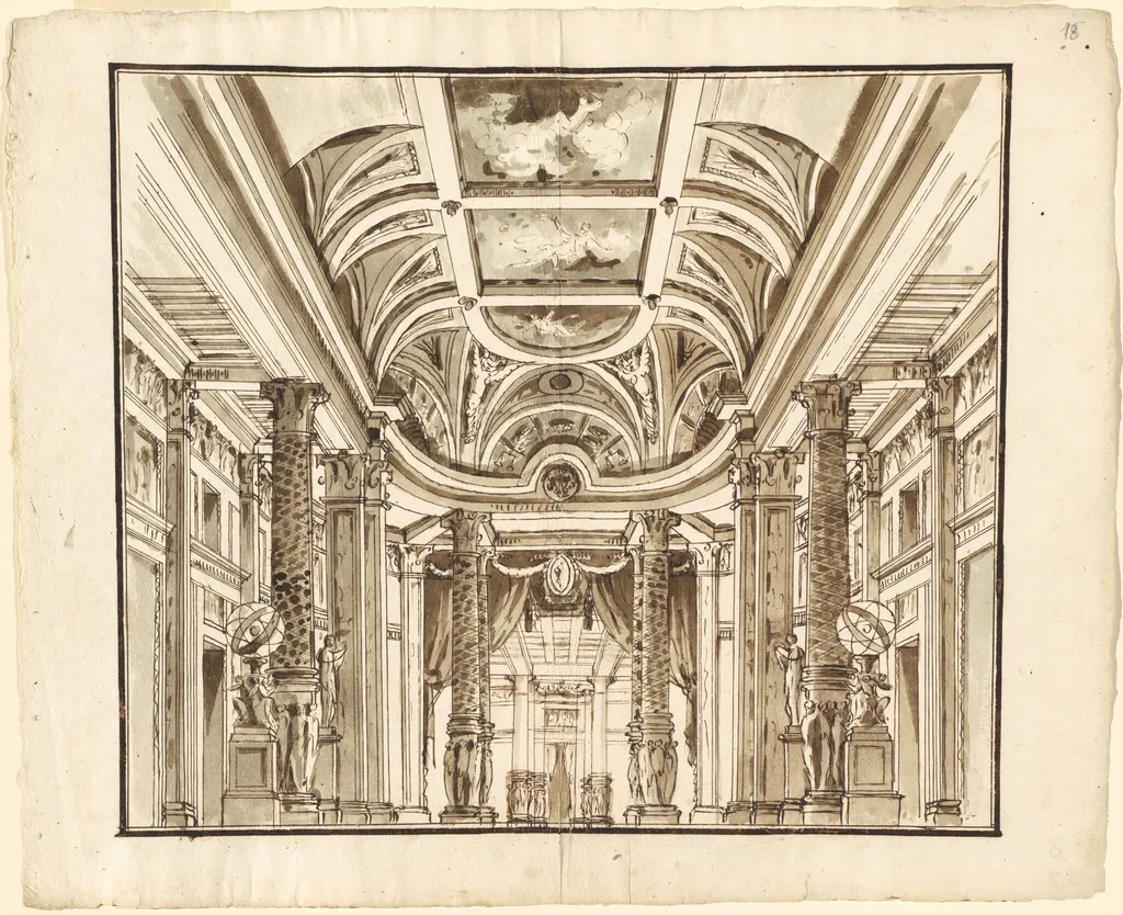 Fantasy of a Great Hall with Basketweave Columns, by Pietro Gonzaga, ink, 1800