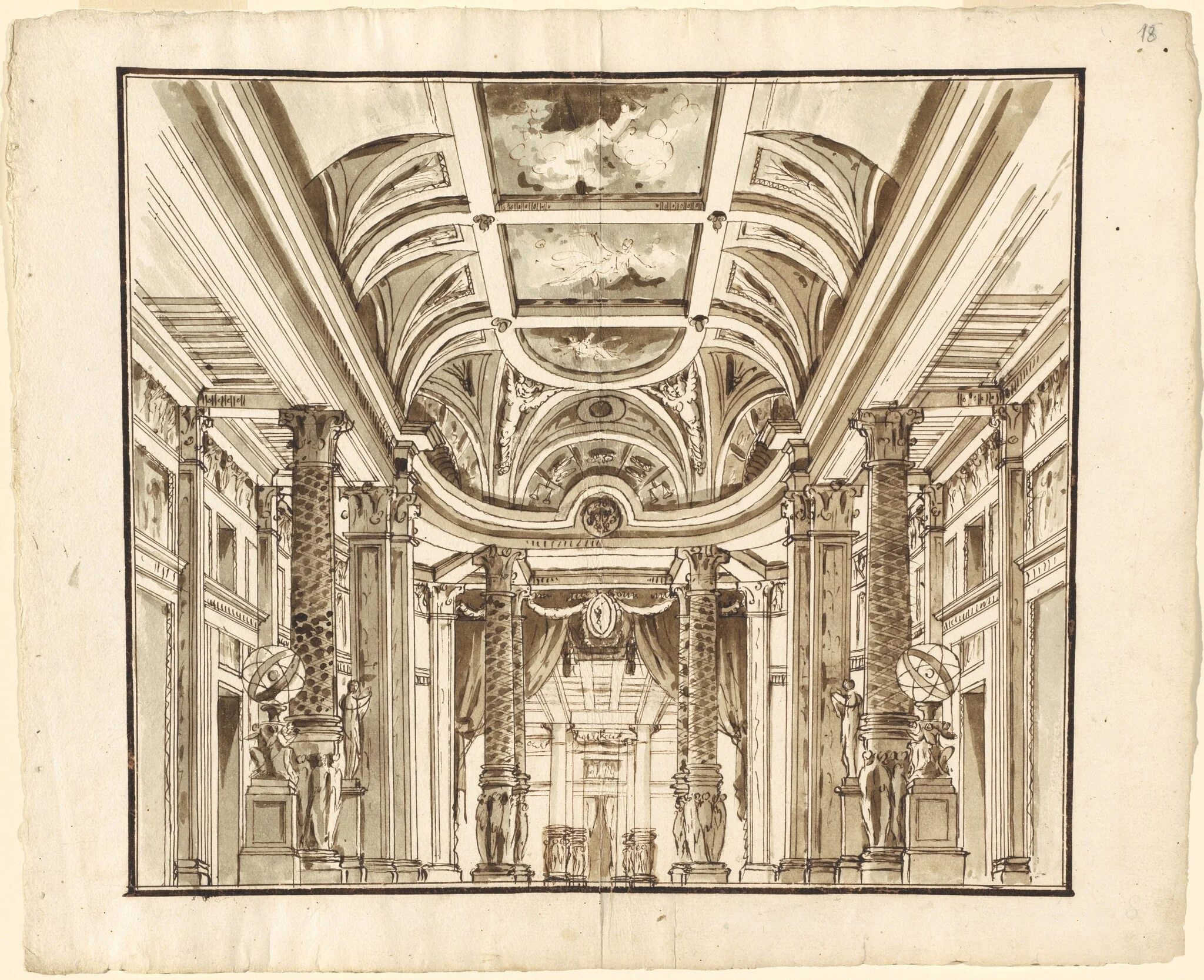 Fantasy of a Great Hall with Basketweave Columns, detail