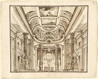 Fantasy of a Great Hall with Basketweave Columns, by Pietro Gonzaga, ink, 1800