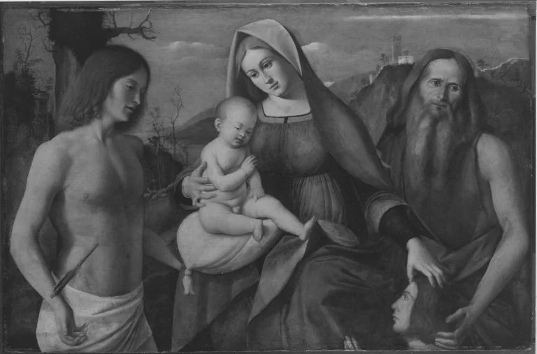 Madonna and Child, Saints Jeronimo, Sebastian und a donor, detail