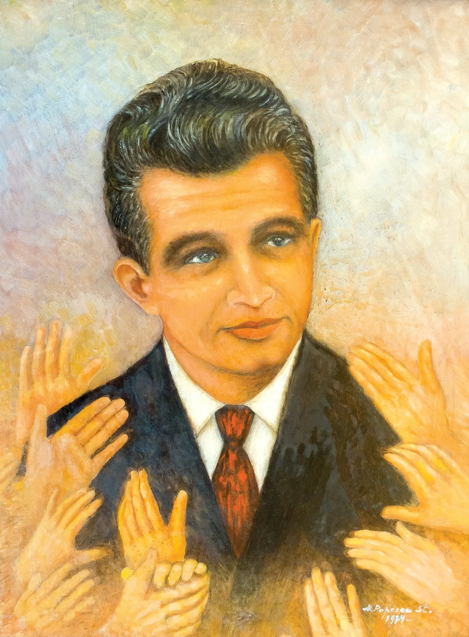 Tablou, pictură pe carton, ”Nicolae Ceaușescu”, semnat M. Popescu-Stănești și datat 1974 în partea dreaptă jos . Nicolae Ceaușescu este reprezentat înconjurat de mâini care aplaudă, îl ating și care par că vor să-l prindă. Oferit cadou lui Nicolae Ceaușescu de către autor, București, 1974., detail