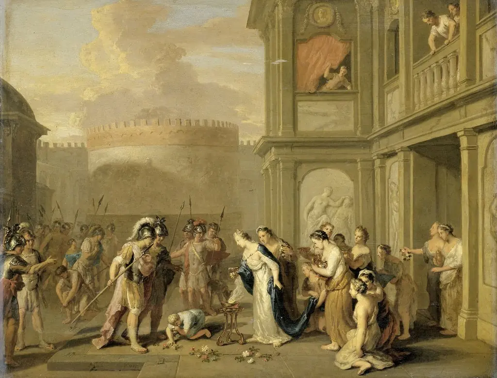 Queen Cleophis Offers Alexander the Great Wine after Conquering Massaga, by Gerard Hoet, oil, 1701