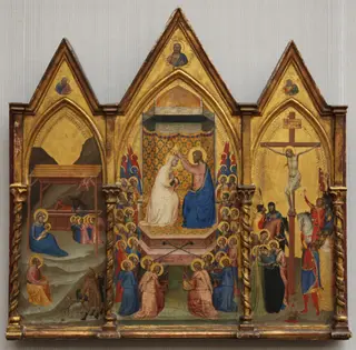 Triptych: the Nativity, the Coronation of the Virgin, and the Crucifixion, by Bernardo Daddi, paint, 1339