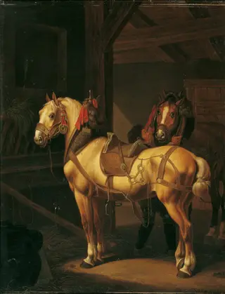Two draft horses in the stable, by Johann Baptist Dallinger von Dalling, oil, 1832