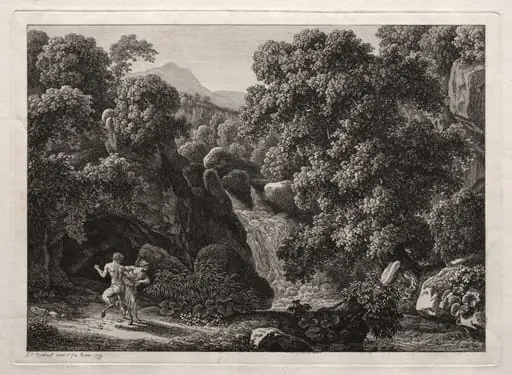 Heroic Landscape: The Satyr and the Nymph, by Johann Christian Reinhart, 1799