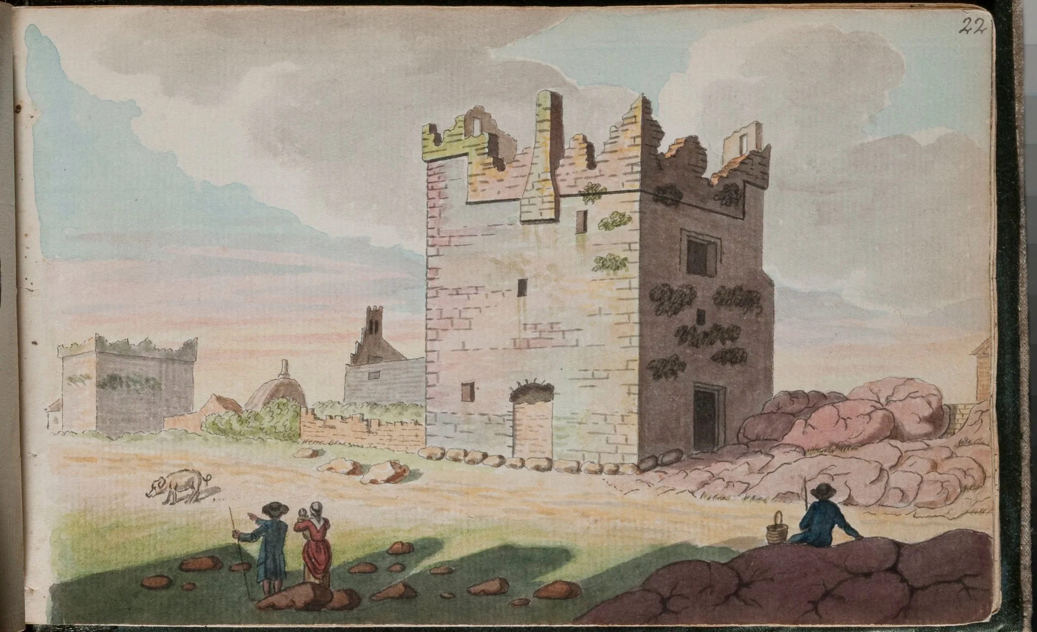 View of two more of Dalkey's castles, the old church and church yard [...], detail