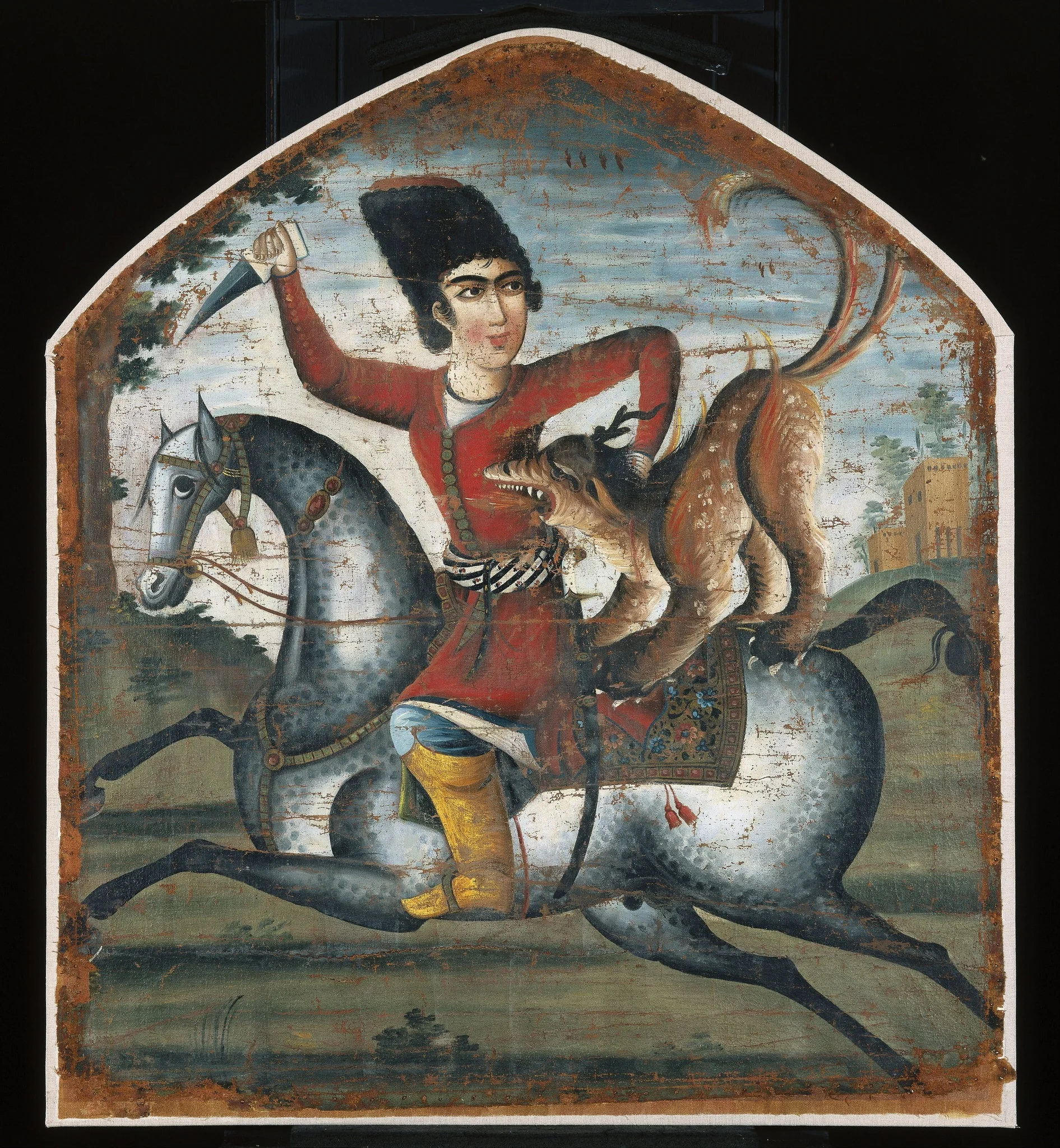 Hunter on Horseback Attacked by a Mythical Beast, detail