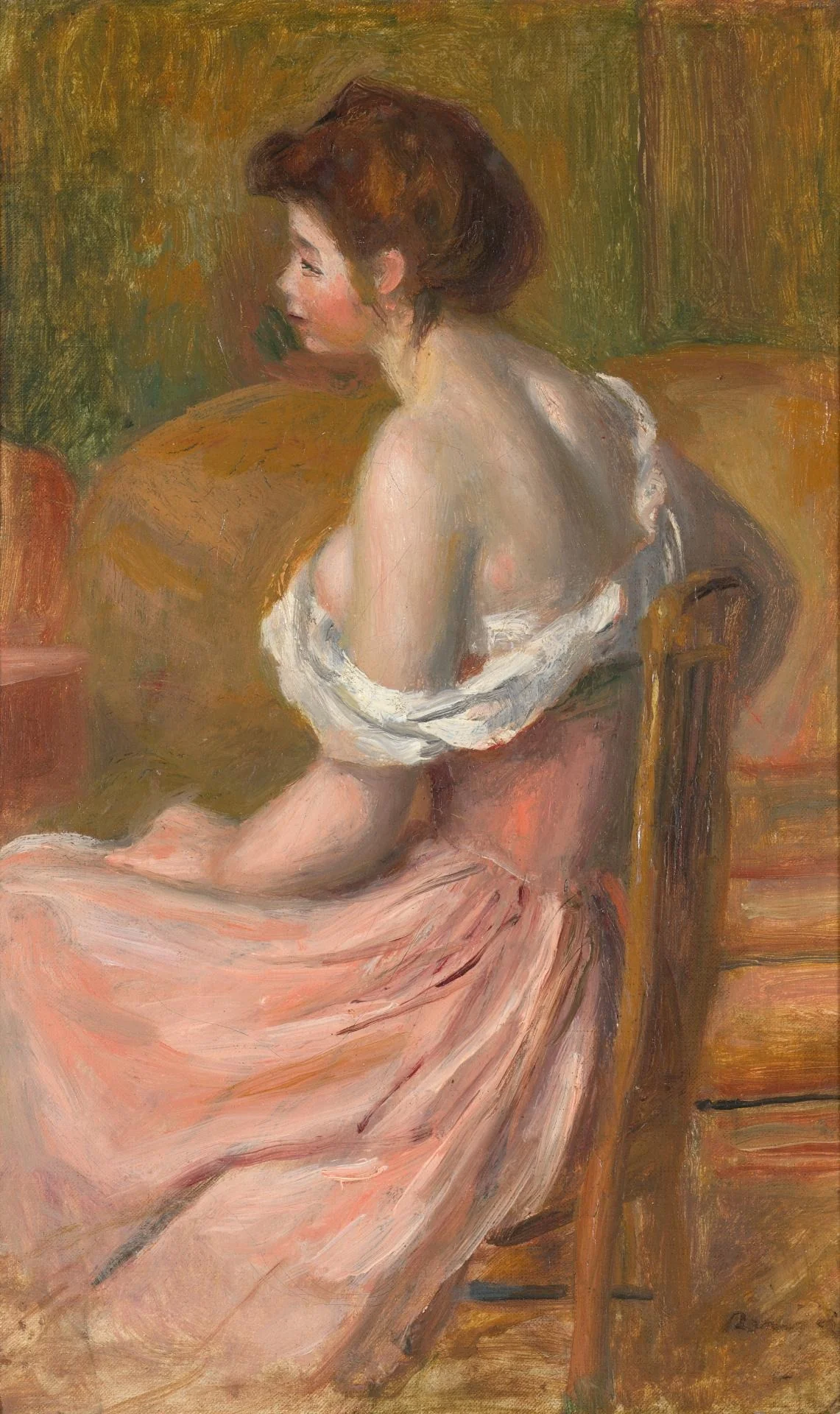 Young woman seated, with neck and shoulders uncovered, detail