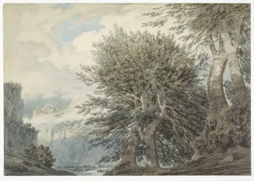 Mountainous landscape with beech trees, by Cozens, watercolor
