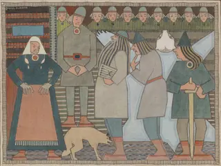 Arrival of Väinämöinen, Ilmarinen and Lemminkäinen at Pohjola, by Joseph Alanen, tempera, 1912