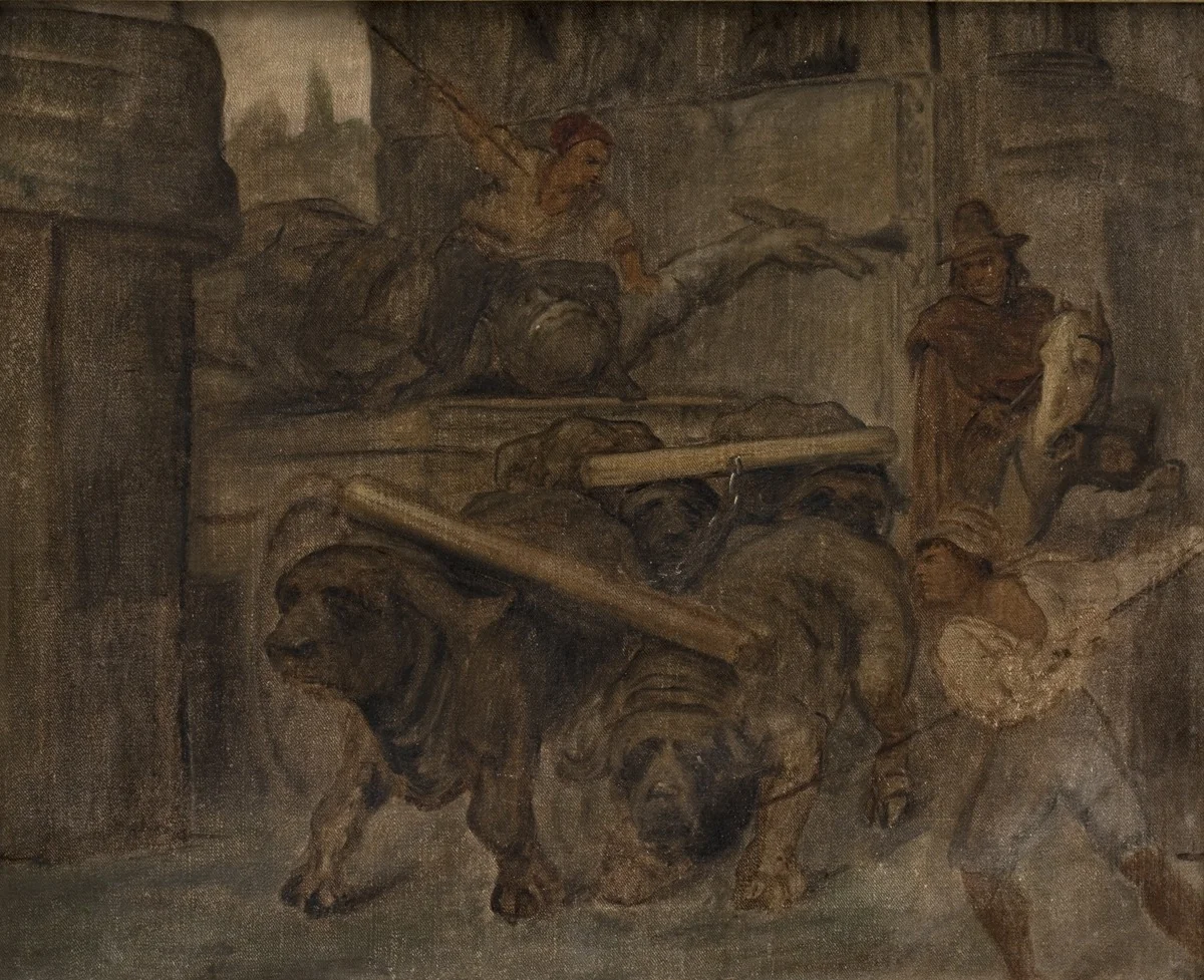 Roman Workmen Transporting an Antique Imperial Statue from the Colosseum through the Arch of Titus to the Capitoline Museums. Study, detail