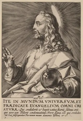 Christ as Salvator Mundi, by Hendrick Goltzius, ink, 1589