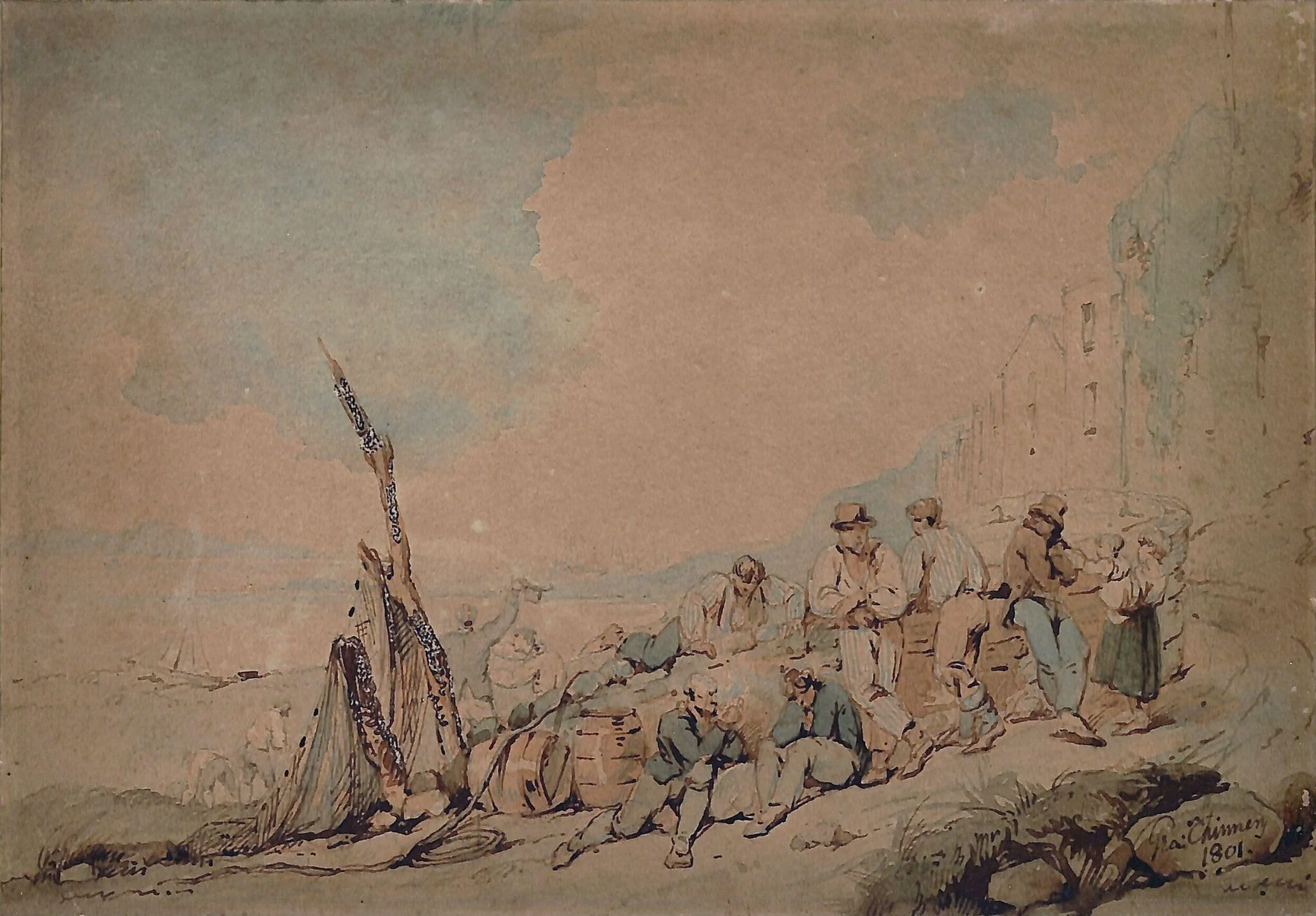 Coast scene, with group of figures near a wall, detail